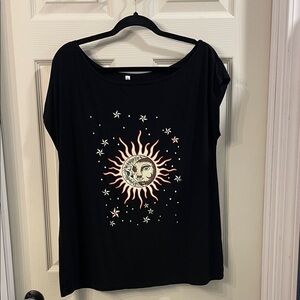Reminding- off shoulder Black Sun and Moon Graphic Women's Top